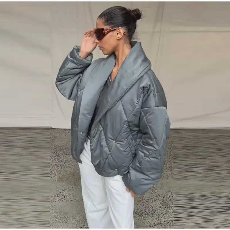 Übergroße Gesteppte Jacke mit Revers für Damen, Streetwear, Langarm, Doppelreihig, Locker Sitzende Mäntel, Modische Damen-Oberbekleidung, Neuheiten – Detail 7