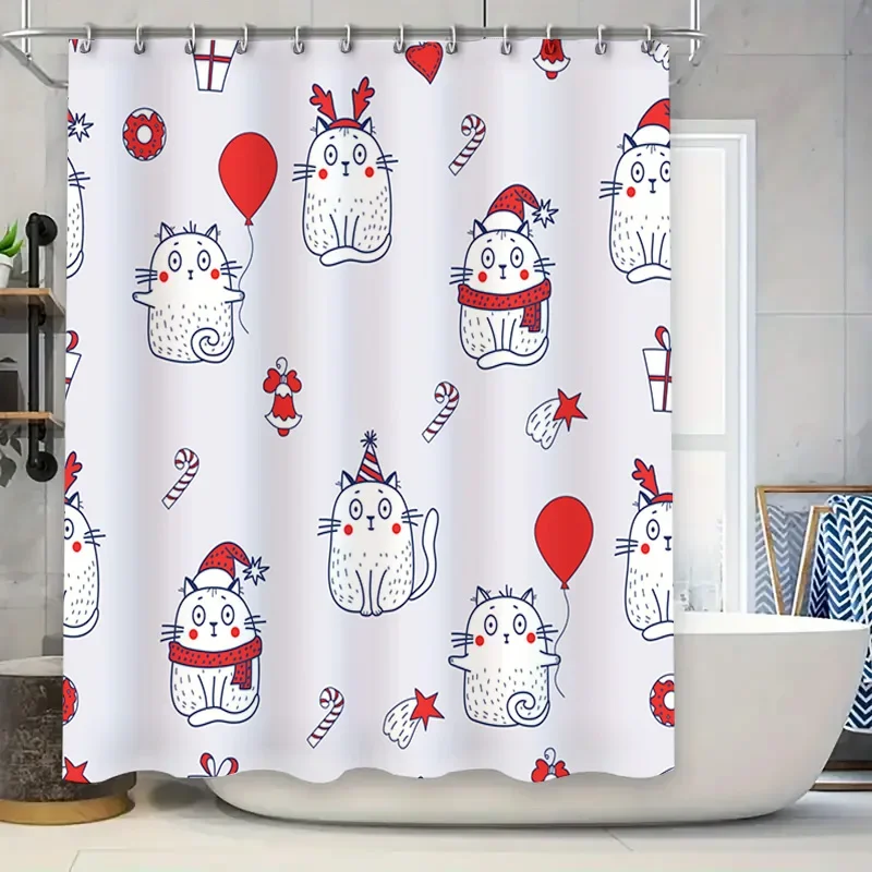 

Занавеска для душа на рождественскую тематику с мультяшными кошками, леденцами и воздушными шарами, идеально подходящая для декора ванной комнаты во время праздника.