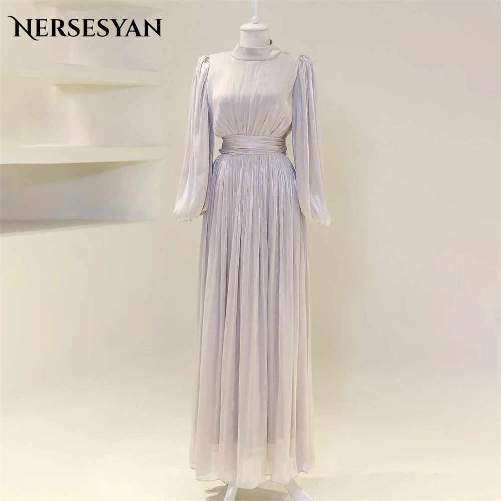 

Nersesyan Solid Muslim Formal Evening Dresses High Neck Long Sleeves A-Line Prom Dress Bridesmaid Pleats Wedding Party Gowns