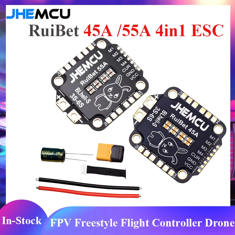 

JHEMCU RuiBet 45A/55A BLHELI_S Dshot600 3-6S Brushless 4in1 ESC 30X30mm for FPV Freestyle Flight Controller Stack DIY Parts