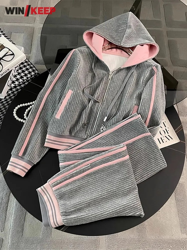 

Women Running Set Outdoor Hooded Sweatshirts Top Pants Two Piece Set Loose Fit Training Tracksuit Joggers Gym Fitness Sportswear