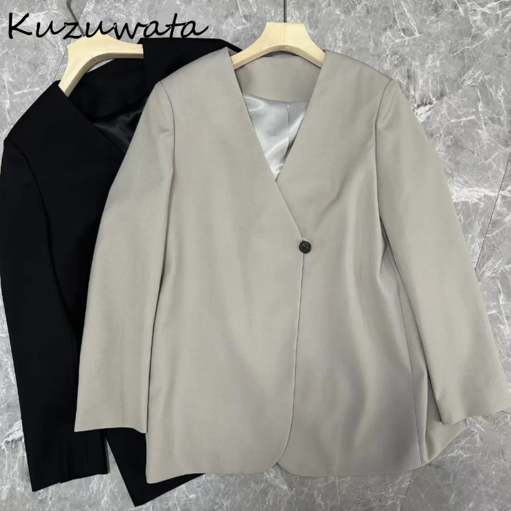 

Kuzuwata Simple V Neck Long Sleeve Moda Solid Coat Casual Loose Single Button All-match Jacket Japan New Soft Blazers Outwears