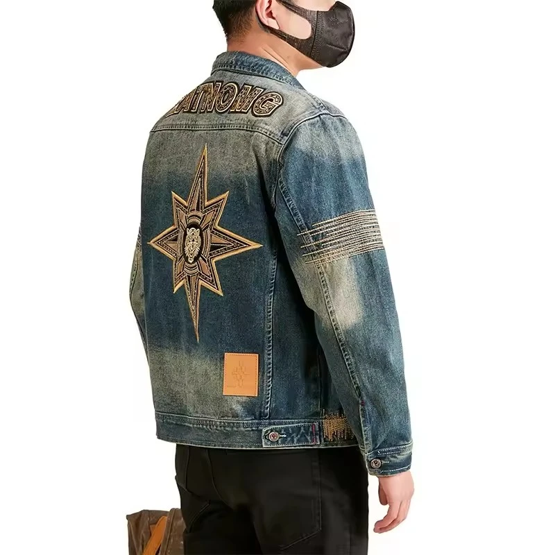 

Men Vintage Embroidery Streetwear Fashion Jeans Wear Casual Loose Plus Size Rock Denim Motorcycle Jacket Cowboy Cargo Coat