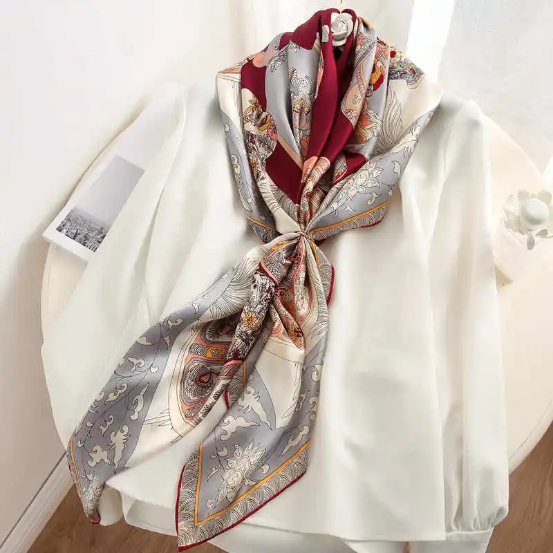 Triumphal Arch Satin Mulberry Silk Scarf Women Square Big Bandana Herm Rolled Shawls Foulard Accessories Decoration Gift 110CM