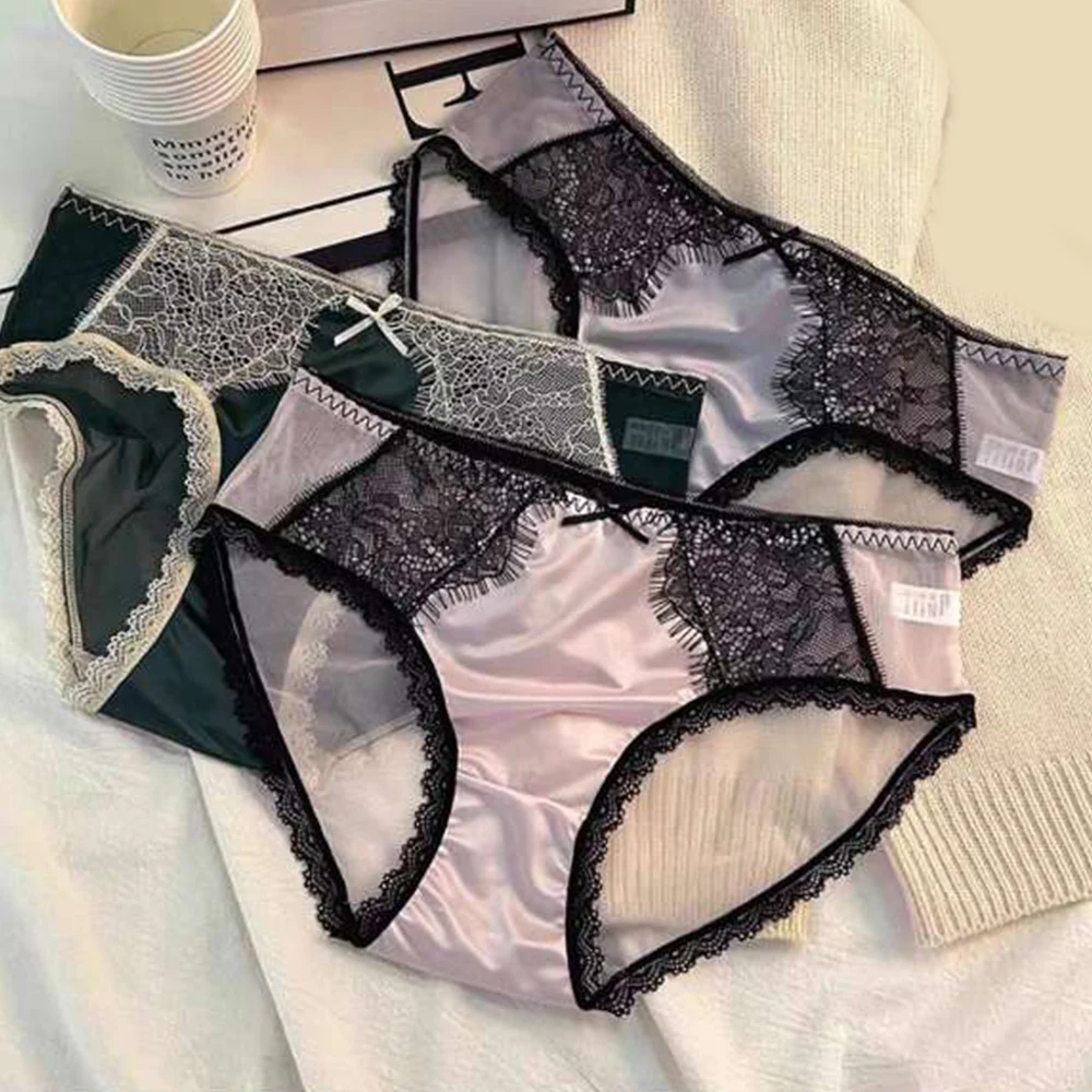 Women\'S Underwear With Satin Lace Smooth Black Lace Bow Mesh Briefs Low Waist Seamless Underpants For Girls Mesh Lingerie