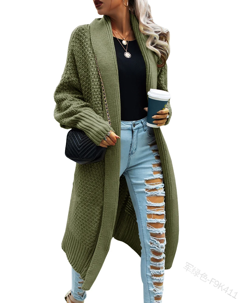 Womens Long Knit Open Front Cardigan Jacket Autumn Winter Solid Color Long Sleeve Cardigan Mid-length Lady Chunky Knit Outerwear