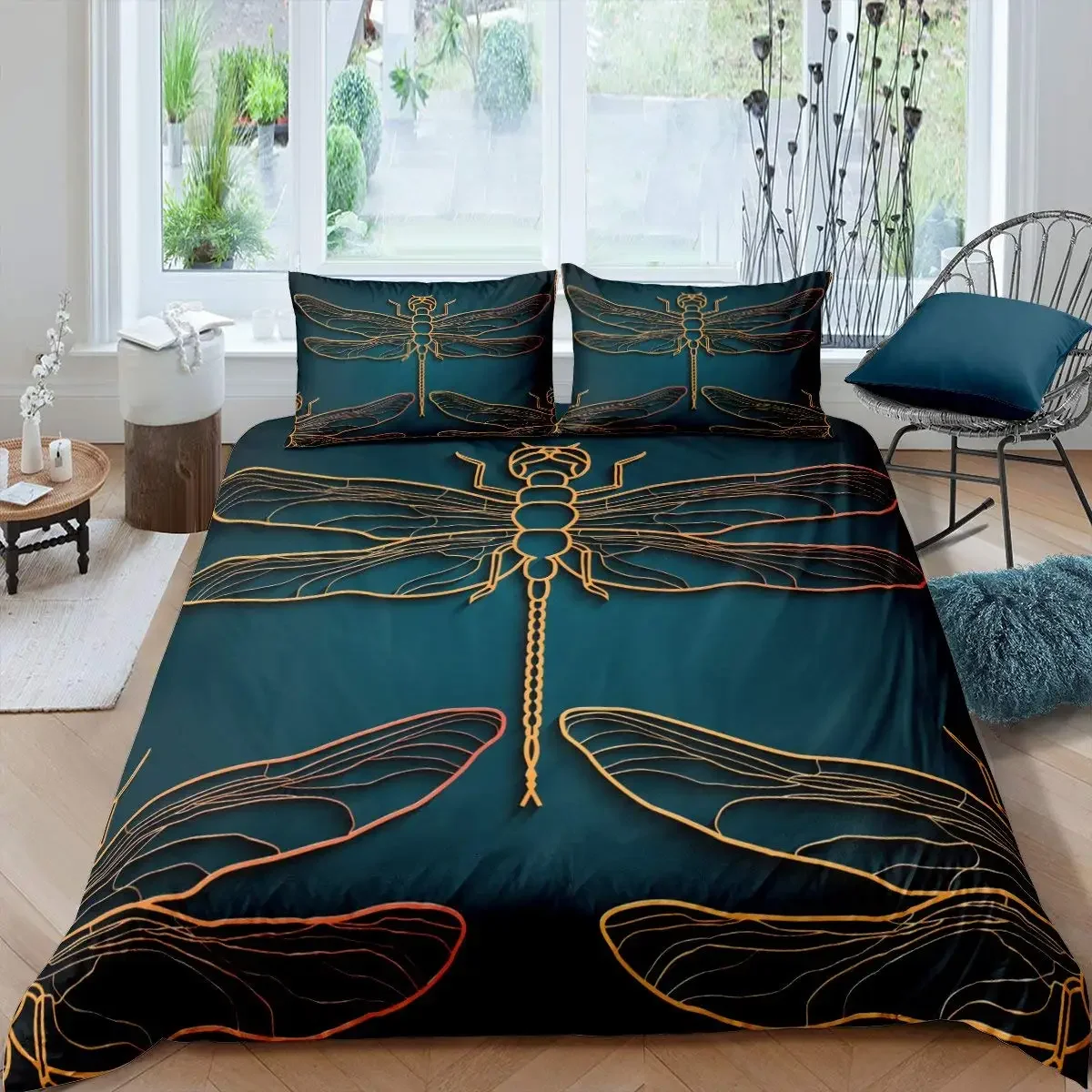 Black Dragonfly Duvet Cover Home Decorative 3 Piece Twin Bedding Set with 2 Pillow Covers 150x200 155x220 200x200 200x220 cm