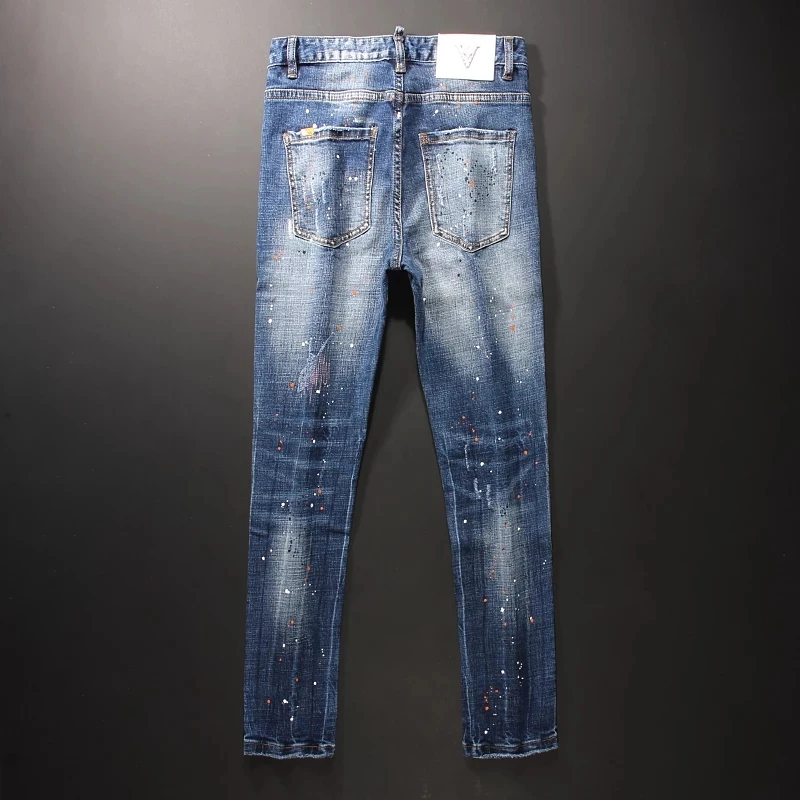Street Fashion Men Jeans Retro Washed Blue Elastic Slim Fit Ripped Jeans Men Painted Designer Vintage Casual Denim Pants Hombre