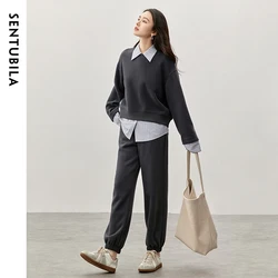 SENTUBILA Two Piece Sets Womens Outifits 2024 Winter Cotton Spliced Striped Sweatshirt Casual Full Pants New Match Set 144Z57308