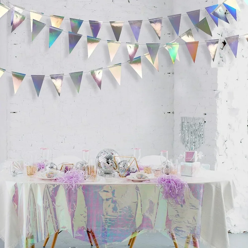 12M 3M Iridescent Holographic Hanging Triangle Pennant Banner Flag Bunting Garland for Graduation Birthday Wedding Party Decor