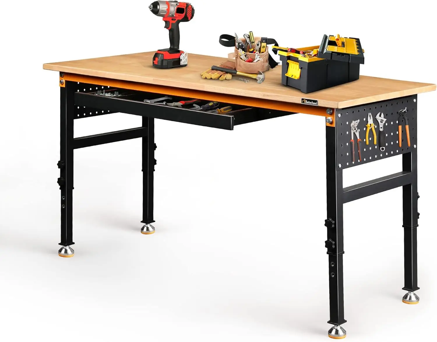 

60" Heavy-Duty Adjustable Workbench for Garage, Rubber Wood Shop Table W/Double Pegboards & Drawer,Hardwood Workstation Weight