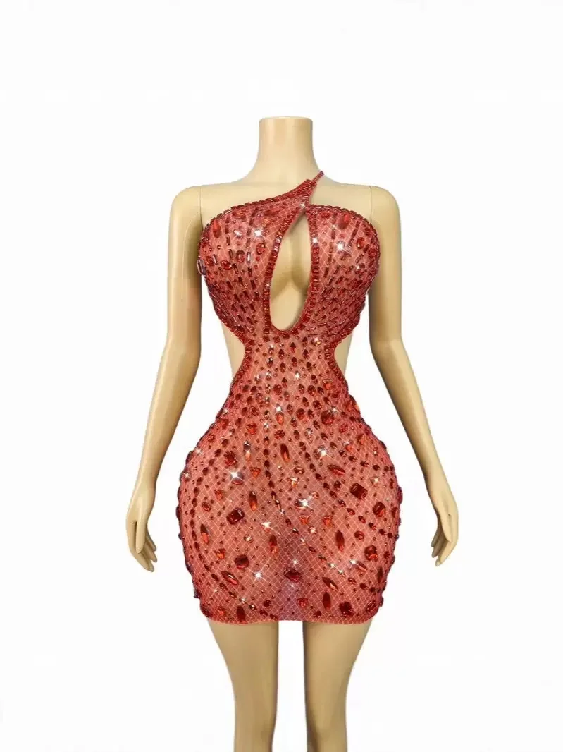 

Women Sleeveless Mesh See Through Evening Birthday Gown Singer Stage Outfit Sexy Sparkly Diamond Backless Short Dress