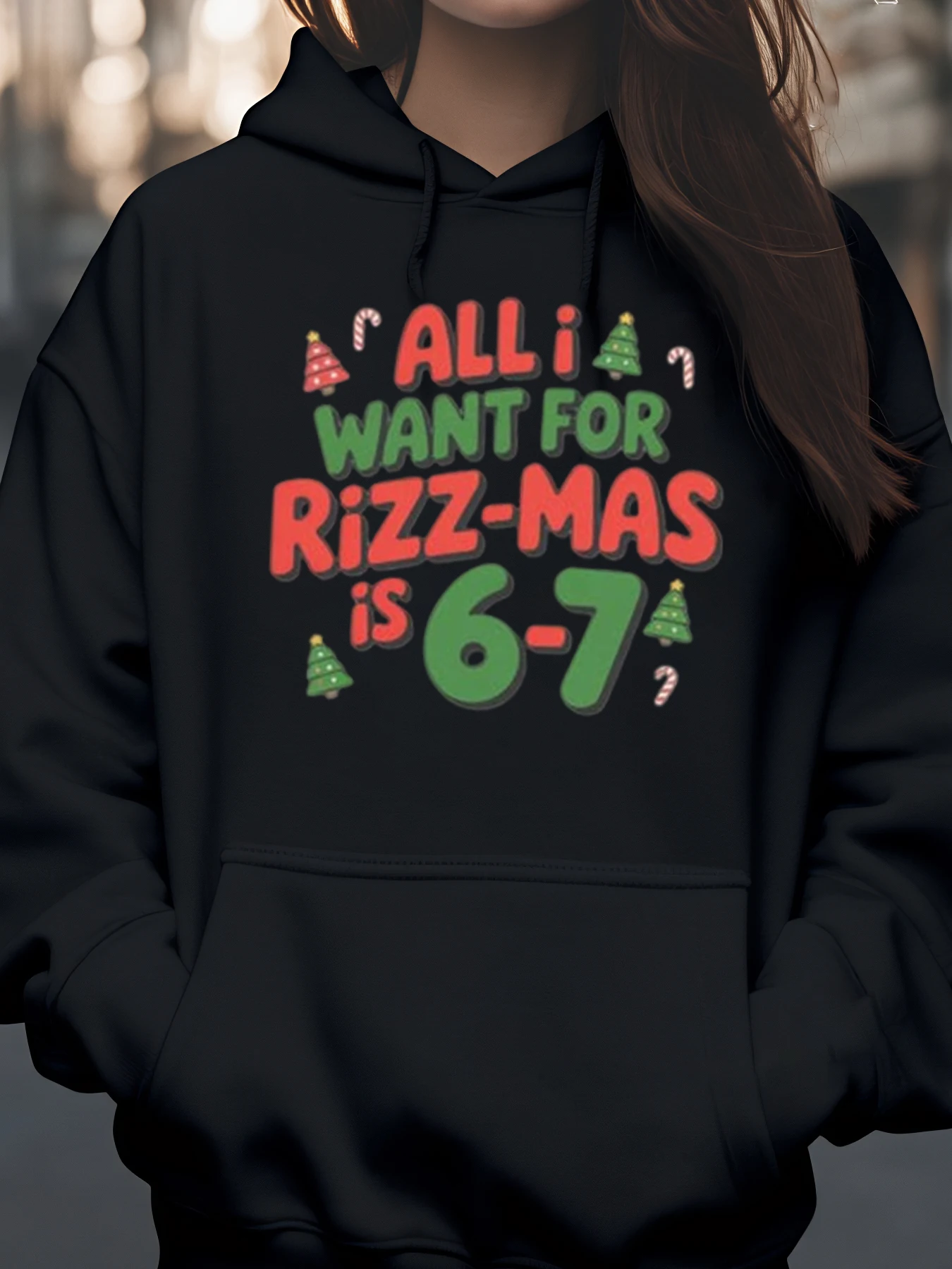 

Рождественская елка и конфетная трость с принтом «Все я хочу за Rizz Mas — 6-7» Праздничная толстовка с капюшоном для женщин Повседневная одежда Наряд для вечеринки