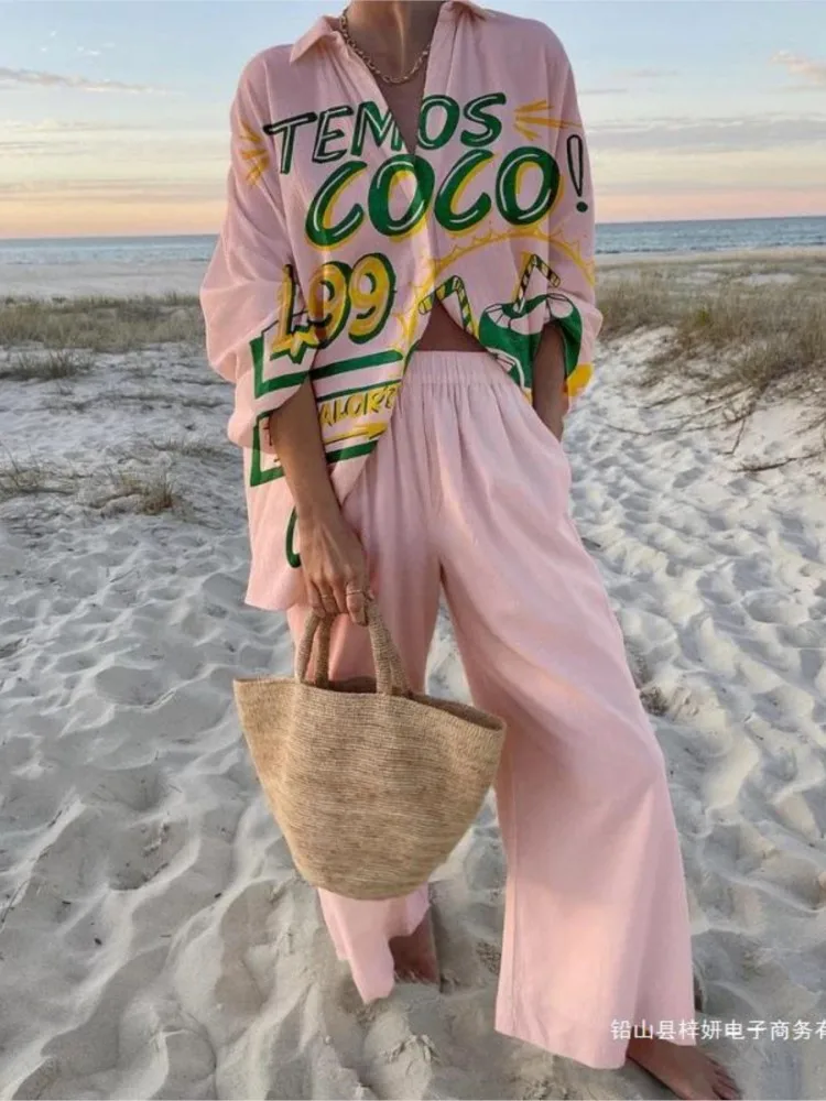 

Women's Two Piece Set Print Shirt Pants Suit Single Breasted Lapel Short Sleeve Shirt And Wide Leg Trousers Sets, Lady Outfits