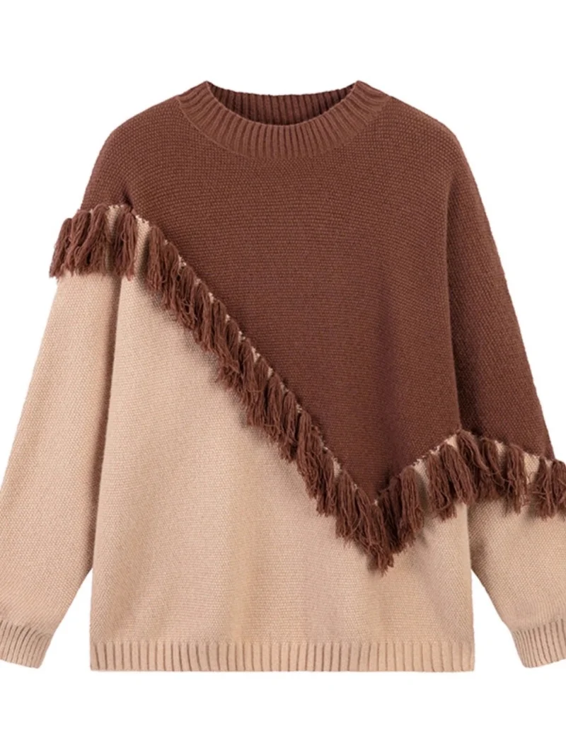 Sweater For Women Spring Autumn Winter Color Blocked Tassel Design, Loose Knit Round Neck Pullover Short Base Top w1505