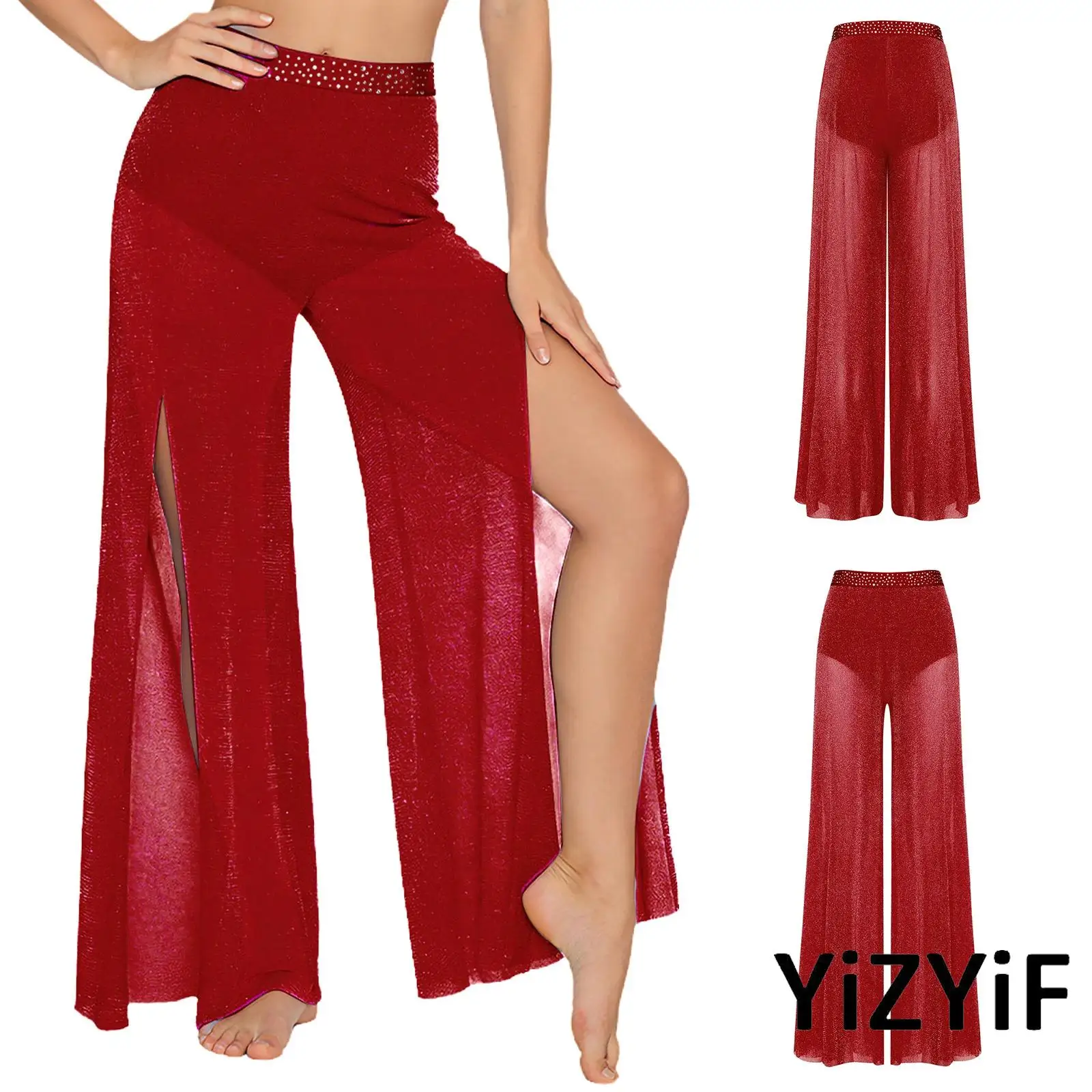 

Women Lyrical Ballet Latin Dance Costume Rhinestone Waist Shimmering Mesh Legs Wide Leg Pants for Modern Ballroom Dance Clothing