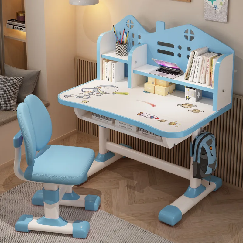 Children's study table and chair can be raised and lowered, home homework study chair bookshelf integrated table and chair