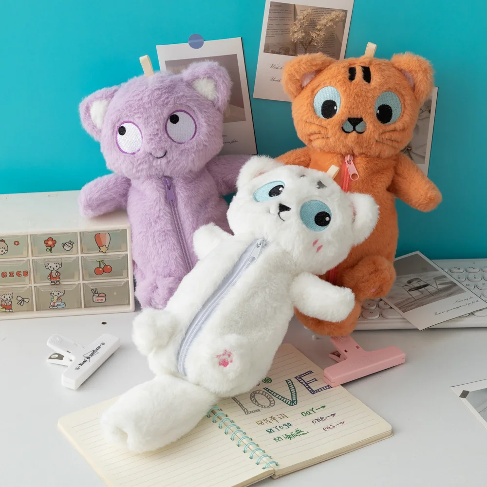 Plush Pen Bag Cute Big Eyed Cat Pencil Case Stuffed Animal Large Capacity Stationery Bag Cartoon Doll Cat Learning Pencil Bag