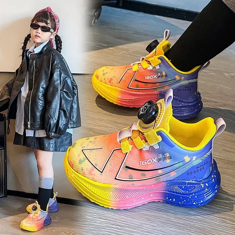 

Kids Sneakers with Rotating Button Colorful Handsome Boys Girls Running Shoes Thick Soft Sole 2025 Autumn Children Sports Shoes
