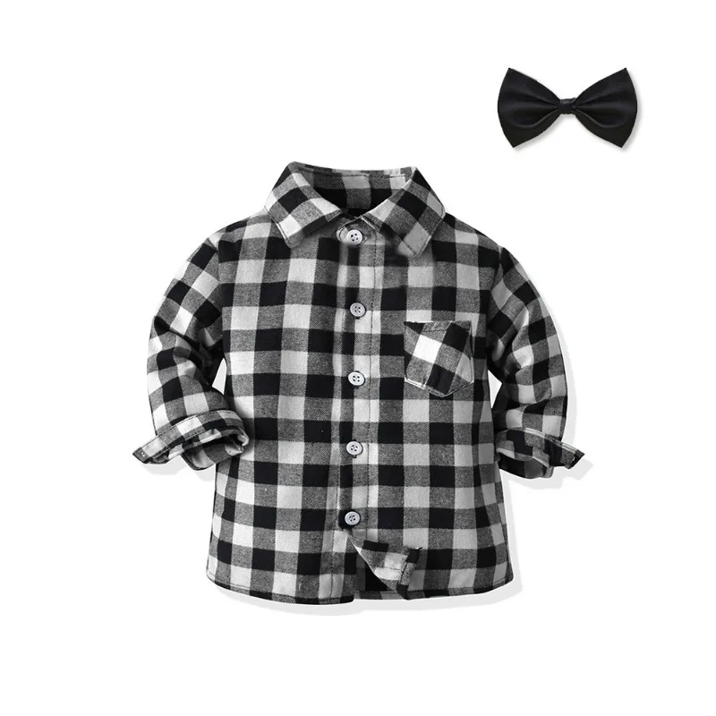 Spring Baby Toddle Boy Girls Cotton Clothes Kid Lapel Plaid Single Breasted Shirts Top Children Full Sleeve Formal Coat with Tie