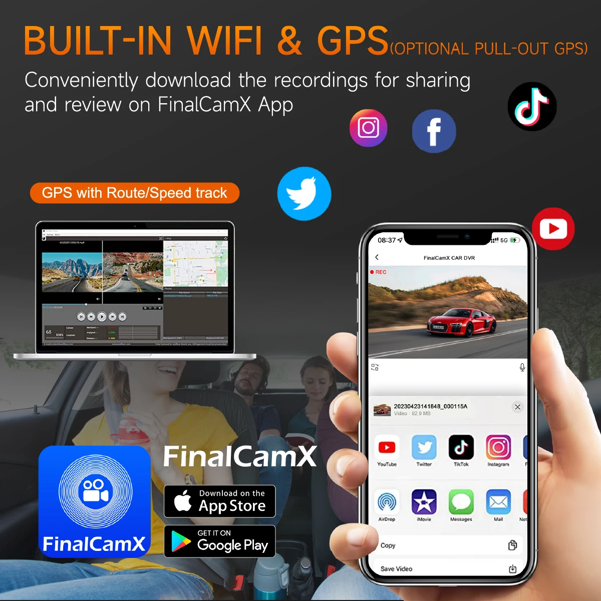 PULSECAM 2K/4K جهاز تسجيل فيديو رقمي للسيارات GPS مسجل سيارة 1440P مسجل فيديو واي فاي/التحكم في التطبيقات اختياري كاميرا خلفية للرؤية الليلية شاشة ركن السيارة