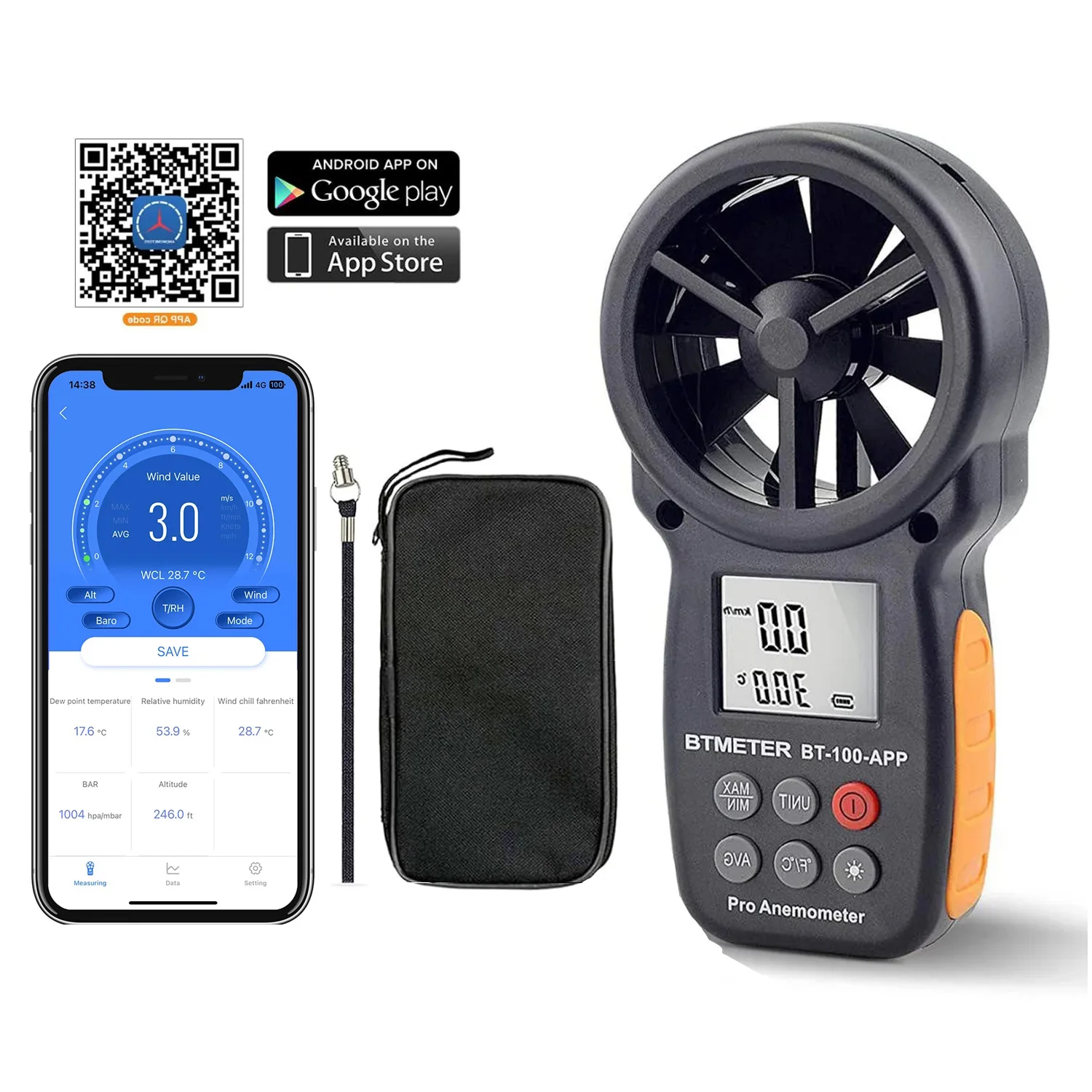 BTMETER BT-100-APP,Digital Anemometer Tester With Mobile APP Wind Speed Measurement Meter Measure Temperature Tester tools