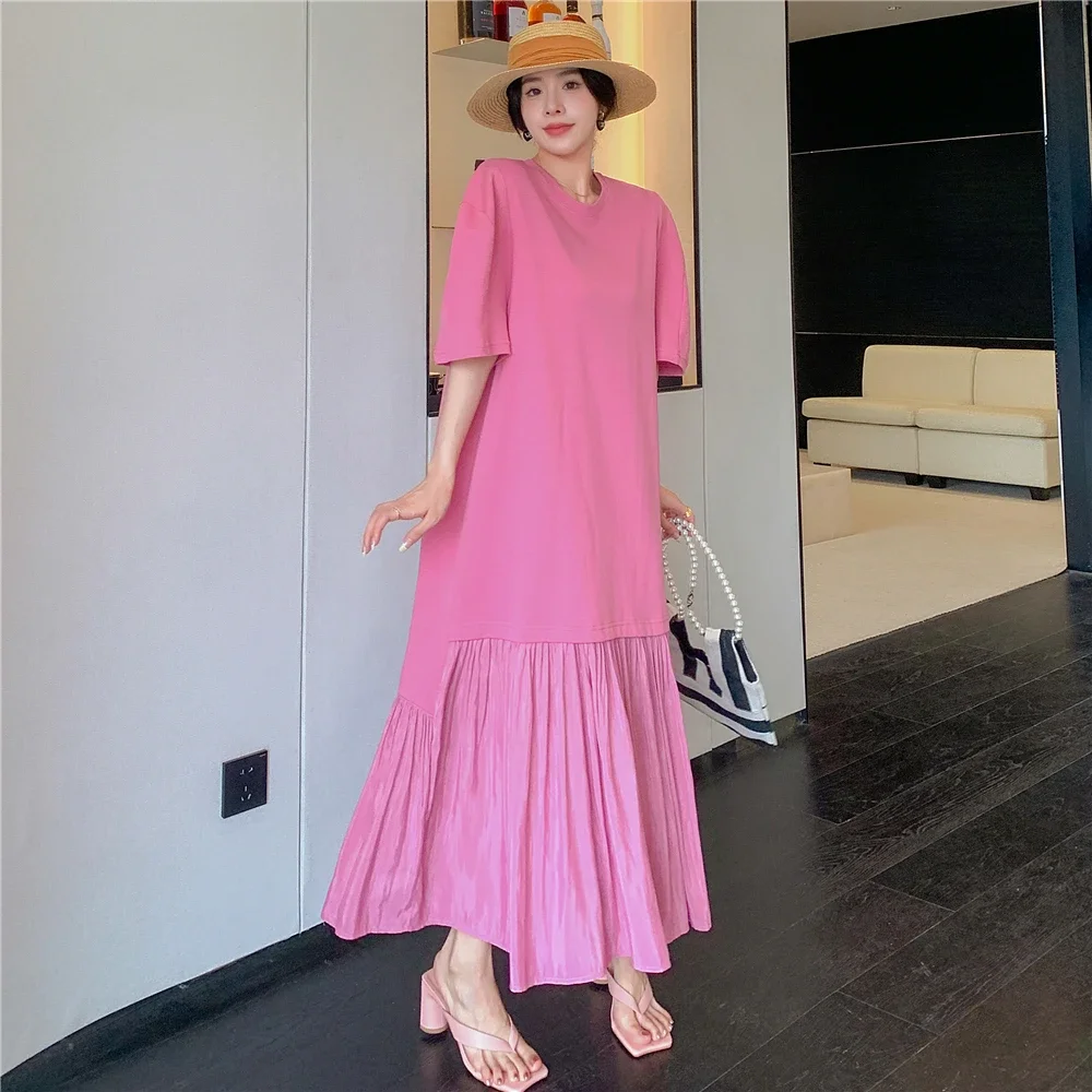 2025 Summer New Long Dress Women's Knitted Fabric Cotton Loose Panel Large Hemline T Shirt Dress Large