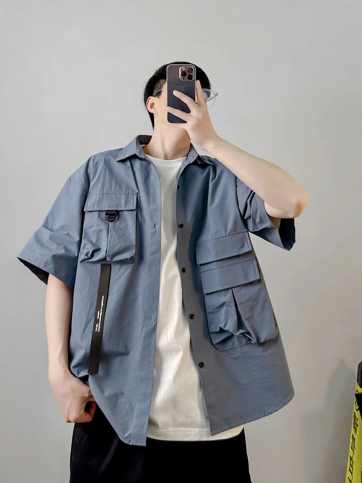 

Biker Big Pockets Japanese Safari Style Blouse Male Summer Tops Trendy Ins Chic Shirts Sexy Charming Streetwear Boy Party Casual