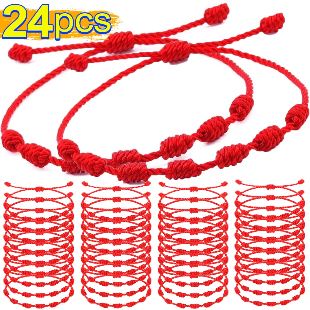 Bracelets en ficelle rouge à 7 nœuds pour femmes et hommes, amulette porte-bonheur, bracelet en corde tressée fait à la main, bijoux cadeau, 1/24 pièces