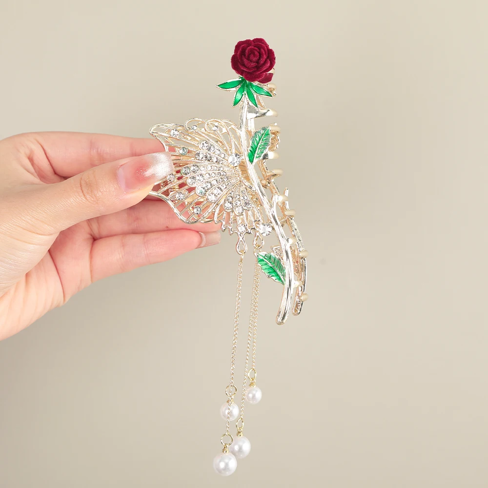 11.5cm Lily Of The Valley Bouquet Tassel Clip Golden Hair Claw Hair Clips Red Festival Ponytail Hair Crabs Fashion Accessories