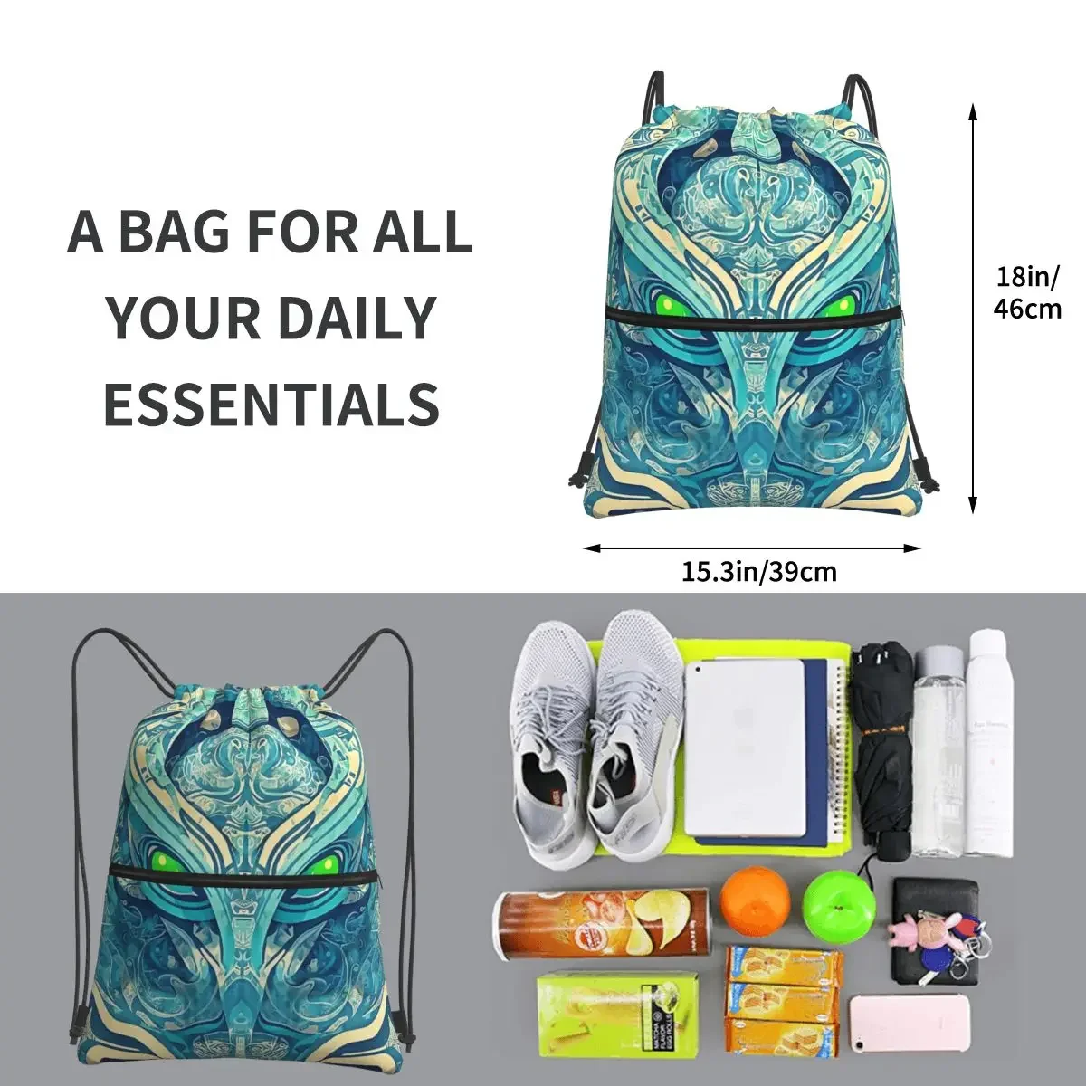 Alien Painting Mochilas portáteis, Drawstring Bag, Casual Bundle, Pocket Shoes, Estudantes da escola