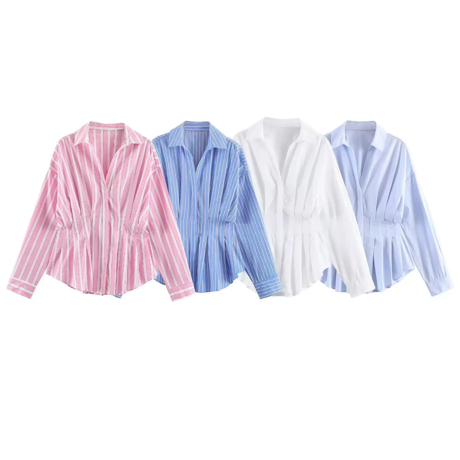 Women's Loose‑fitting Striped Blouse New 2026 Autumn V Neck Long Sleeve Button Women's Blouses Pleated Waist Female Shirts