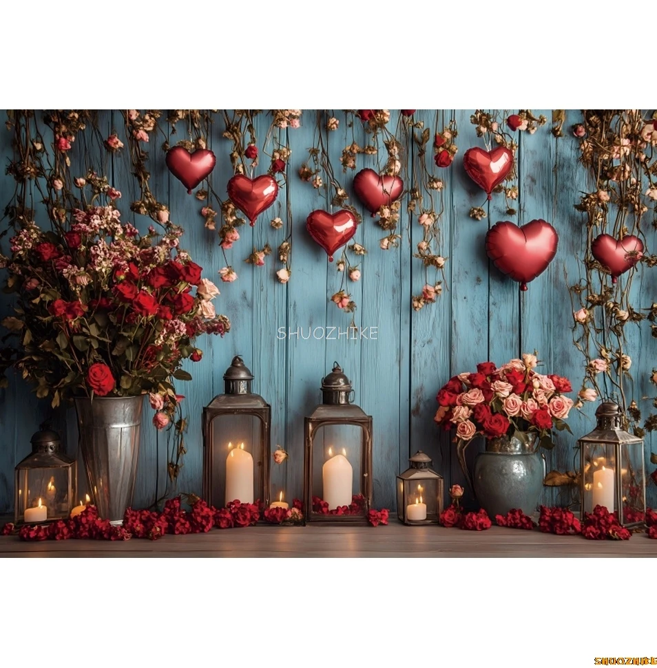14 فبراير عيد الحب خلفية مشاهد رومانسية الأحمر الحب القلب الأزرق الخشب جدار الأزهار الزفاف التصوير خلفية الدعامة