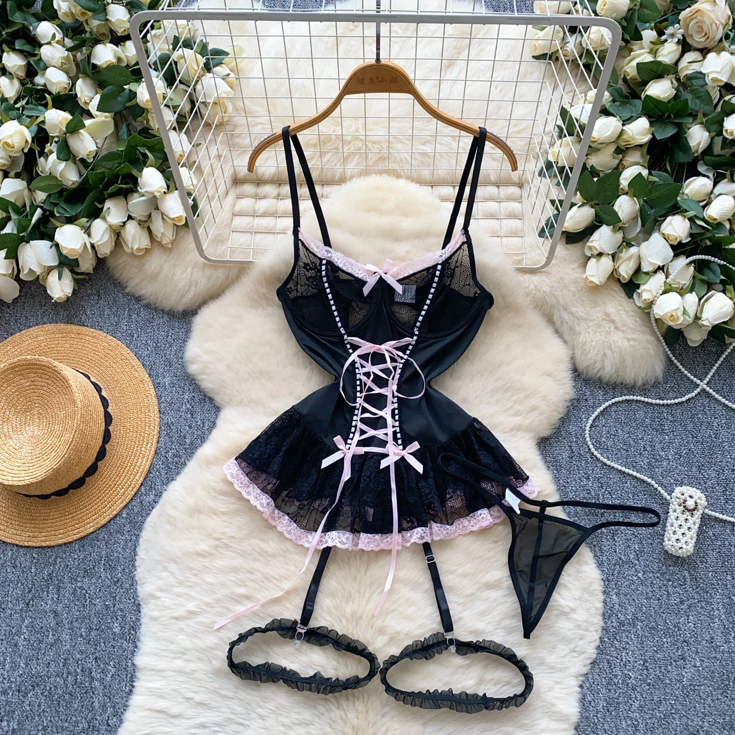 Hotsweet Lace Lingerie Sexy Nightwear Women Strap Lace Up Backless Shapewear Bodysuits Erotic Porn Pajamas 2pcs Suits