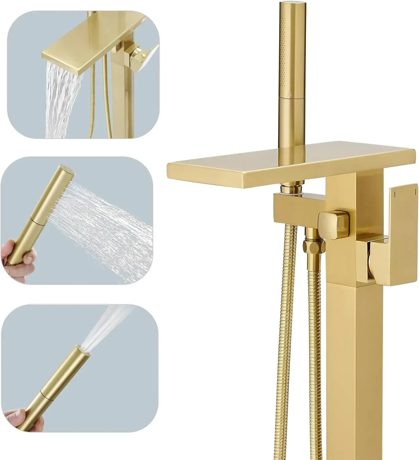 

Freestanding Bathtub Faucet Waterfall Tub Filler Brushed Gold Floor Mount Brass Single Handle Bathroom Tub Faucets