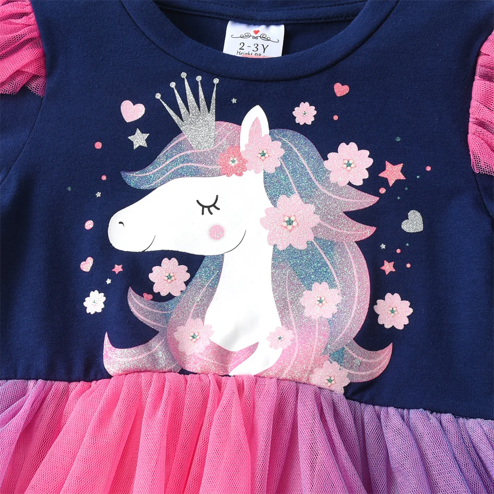 VIKITA Girls Licorne Flower Print Cartoon Dress Kids Autumn Spring Flare Sleeve Patchwork Princess Dresses Children Clothing