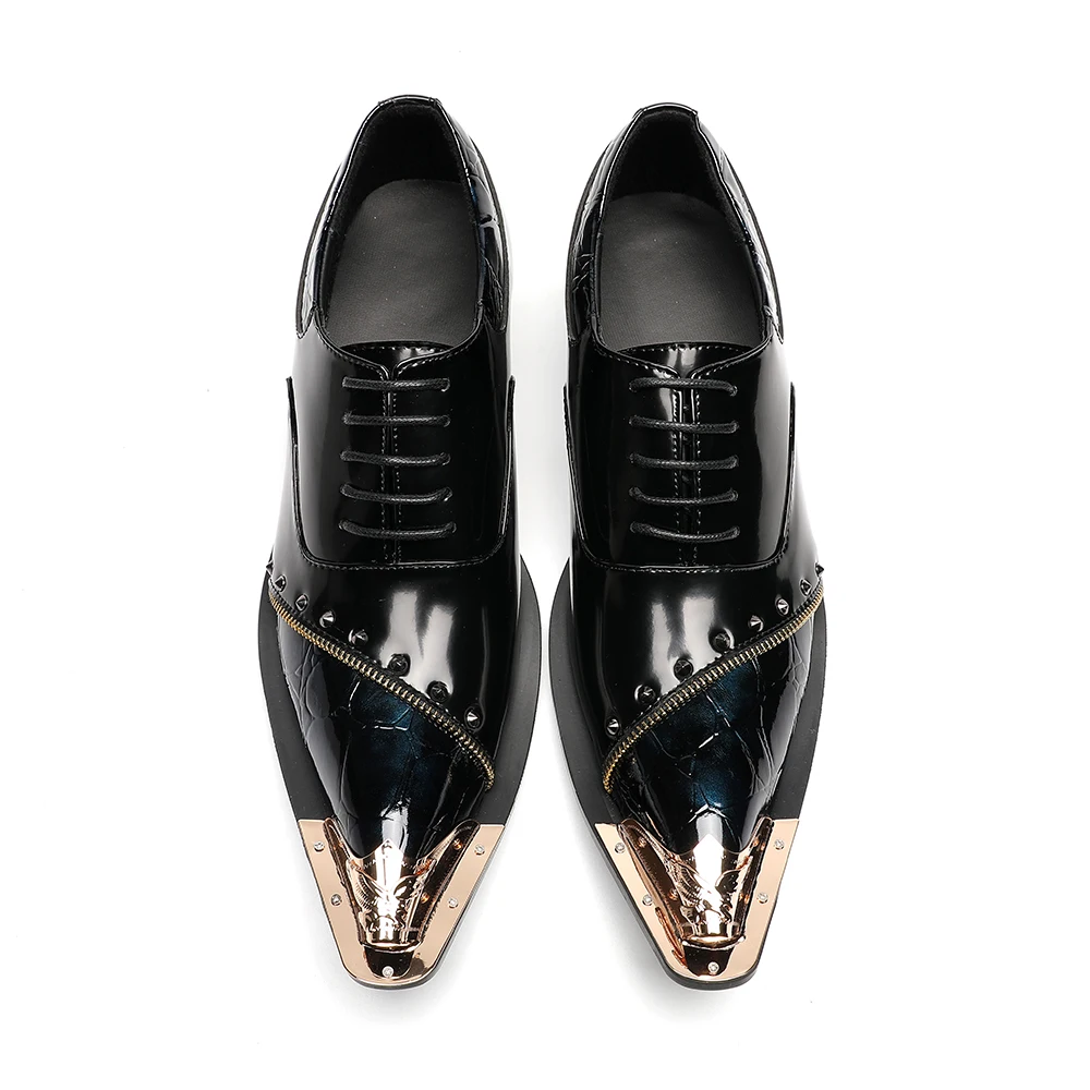 Zapatos Italian Black Metal Pointed Toe Wedding Party Dress Shoes Plus Size Men Business Oxford Shoes Male Real Leather Brogues