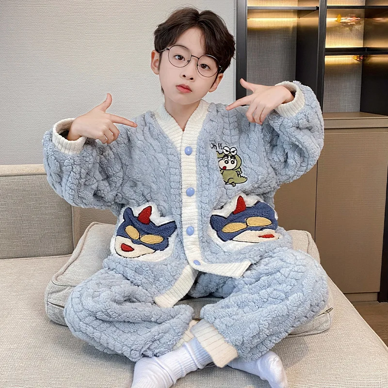 

Winter 2Pcs Crayon Shin-Chan Pjs Children Velvet Pajama Kawaii Boys Cardigan Pants Cartoon Kawaii Teen Flannel Warm Homewear