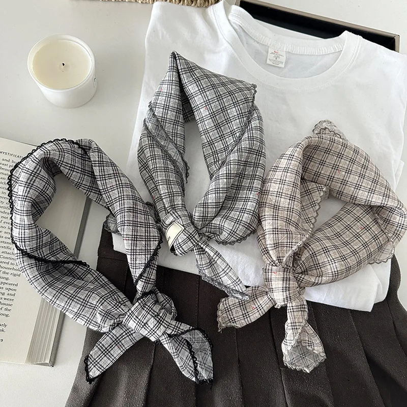 

Men's plaid scarf with artistic flair - Korean-inspired, hemmed silk neckerchief for stylish outfit pairing, couples