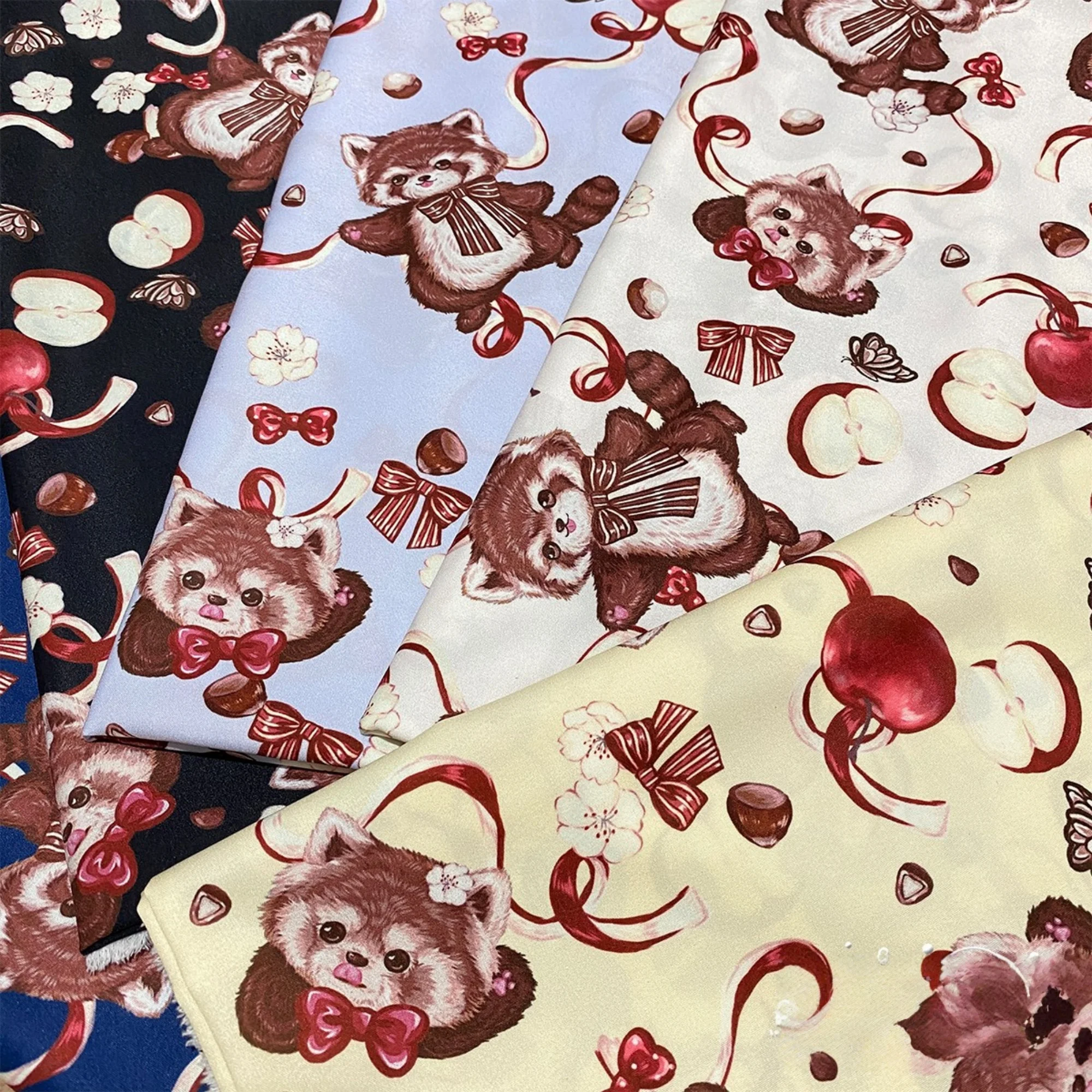 

100 см x 148 см милая ткань с яблочным енотом, 5 цветов, ткань в стиле Лолиты, для русской юбки своими руками, для платья Kawaii, для детского платья, изготовление