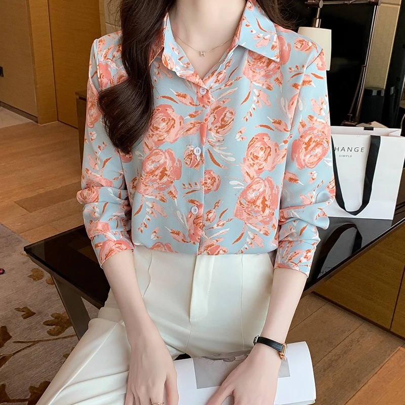 Autumn Long Sleeve Chiffon Office Top Female Elegant Spring Casual Rose Printing Blouse For Women Fashion Shirts Woman Xym81