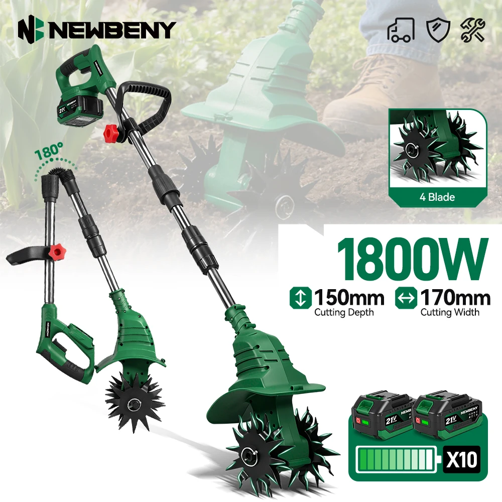 NEWBENY 1800W Elektrische Doppelklingen-Bodenfräse Rasenmäher Gartenfräse Bodenbearbeitungsgerät für Makita Akku