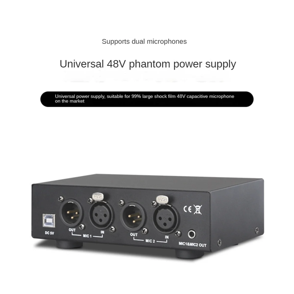 2 Channel 48V Phantom Power Supply, Universal Compact Phantom Power for Condenser Microphone Music Recording Equipment