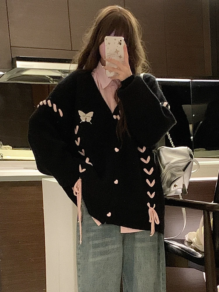 Maglioni cardigan con scollo a V preppy per donna Dolce con lacci Kawaii Studentesse Cappotto in maglia a maniche lunghe Ins Autunno Versione coreana