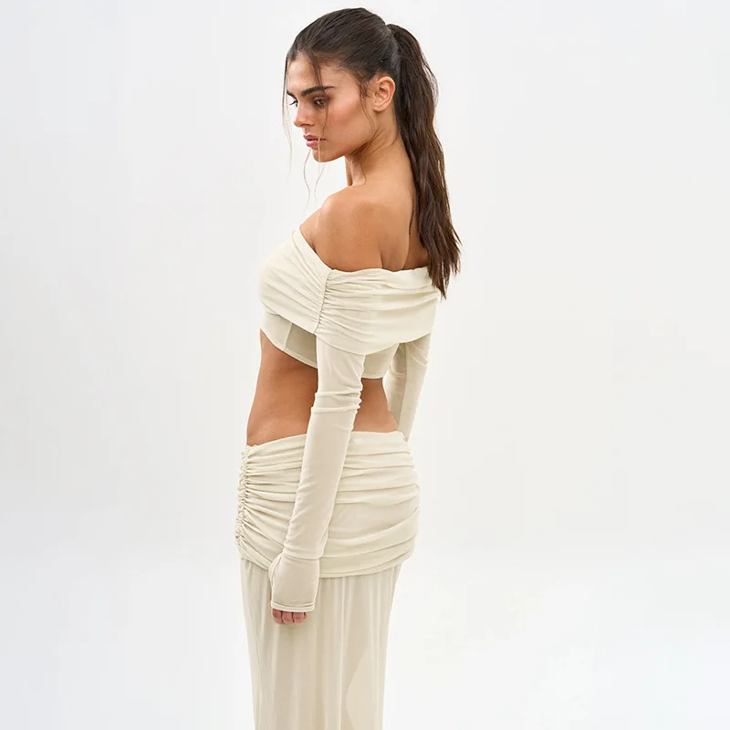 Elegant Mesh Skirt Two Piece Set Women Strapless Long Sleeve T-shirt And Maxi Skirt Matching Sets Female Dress Set