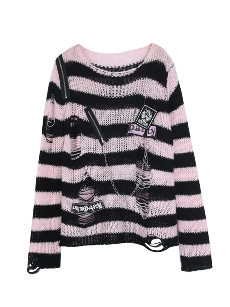 QWEEK Y2k Aesthetic Pink Striped Sweater Women Japanese Harajuku Fashion Knitted Pullover Goth Hollow Out Lolita 2000s Knitwears