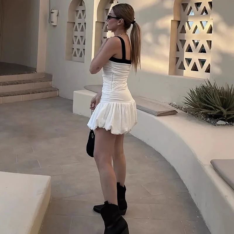 Tornova Pleated 슬링 드레스 여성용 민소매 대비 스플 라이스 짧은 드레스 하이 웨이스트 레이디 여름 슬림 통근 파티 드레스