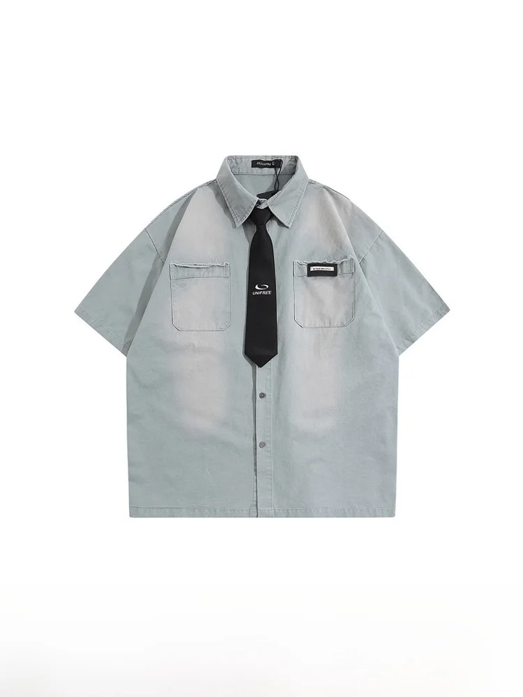 Wukong Has Stock American Washed Retro Denim Short Sleeve Shirt Loose Men's Summer Fashion Youthful Popular Collarless Jacket