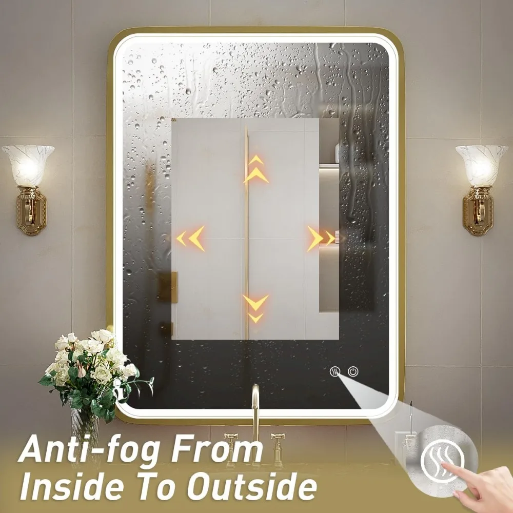 مرآة حمام LED مقاس 24 × 32 بوصة مع أضواء، مرايا زينة مضاءة مثبتة على الحائط بإطار ذهبي، تصميم مضاد للضباب ومفتاح لمس قابل للتعتيم