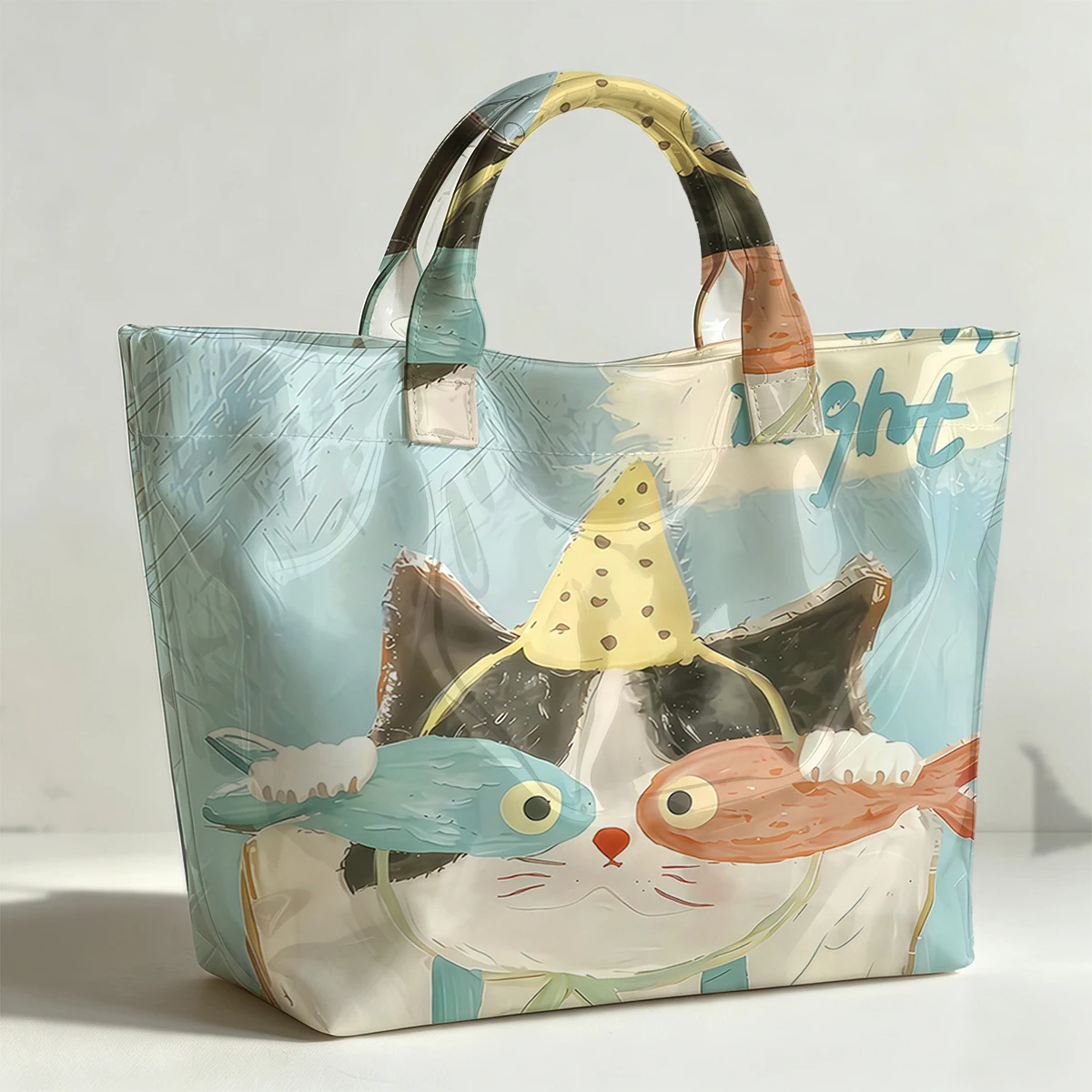 Blue cat and fish PVC Tote Bag Waterproof Transparent Jelly Bag Beach Bag Tote Pouch Bow Handbags Storage Bag